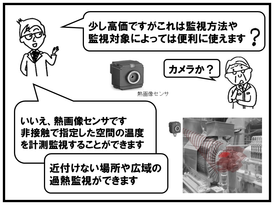 すこし高価になりますが熱画像センサもあります。非接触で指定した空間の温度を計測監視できるので、近づけない場所や広域の過熱監視が可能になります。